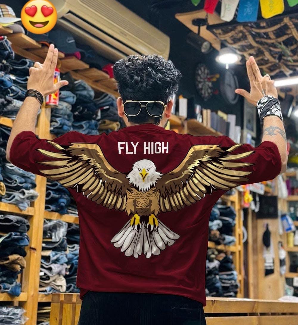 Drop Shoulder Front Black Eagle Printed t Shirt