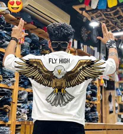 Drop Shoulder Front  Black Eagle Printed t Shirt
