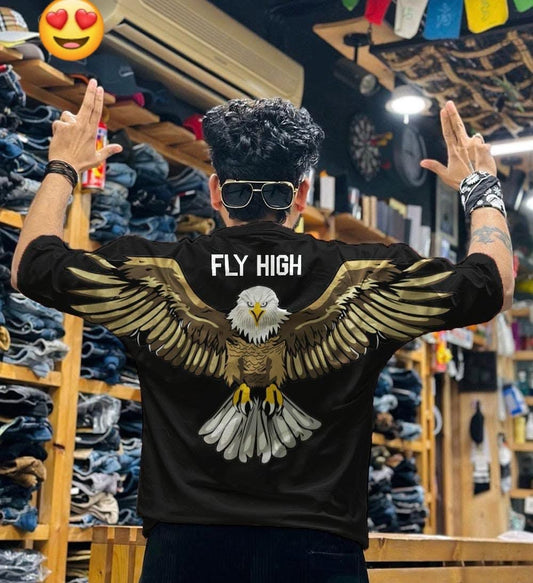 Drop Shoulder Front  Black Eagle Printed t Shirt