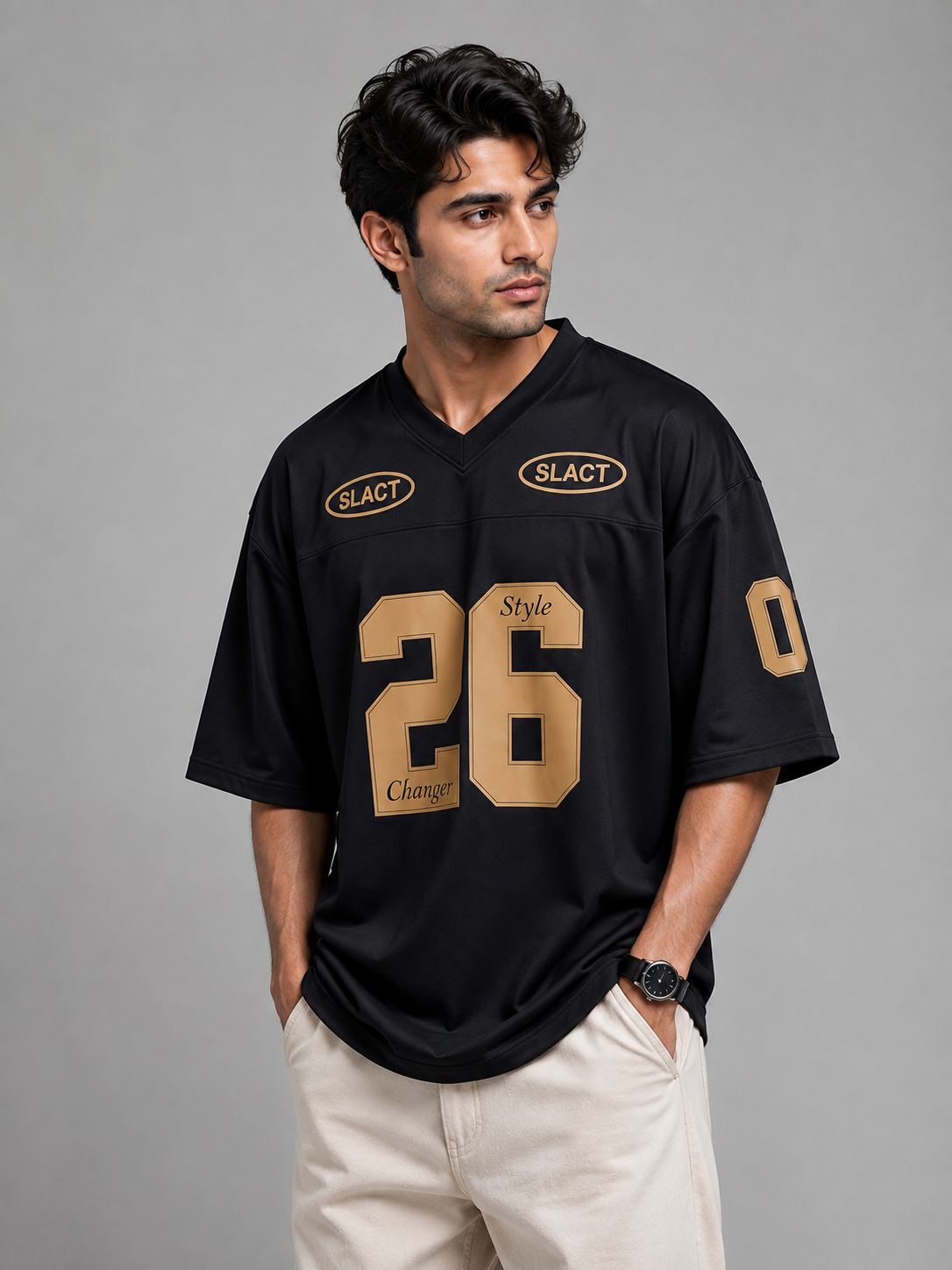 Men's Oversized V Neck 26 Printed Drop Shoulder T-Shirt | Premium Interlock Fabric | Style savvy Pakistan