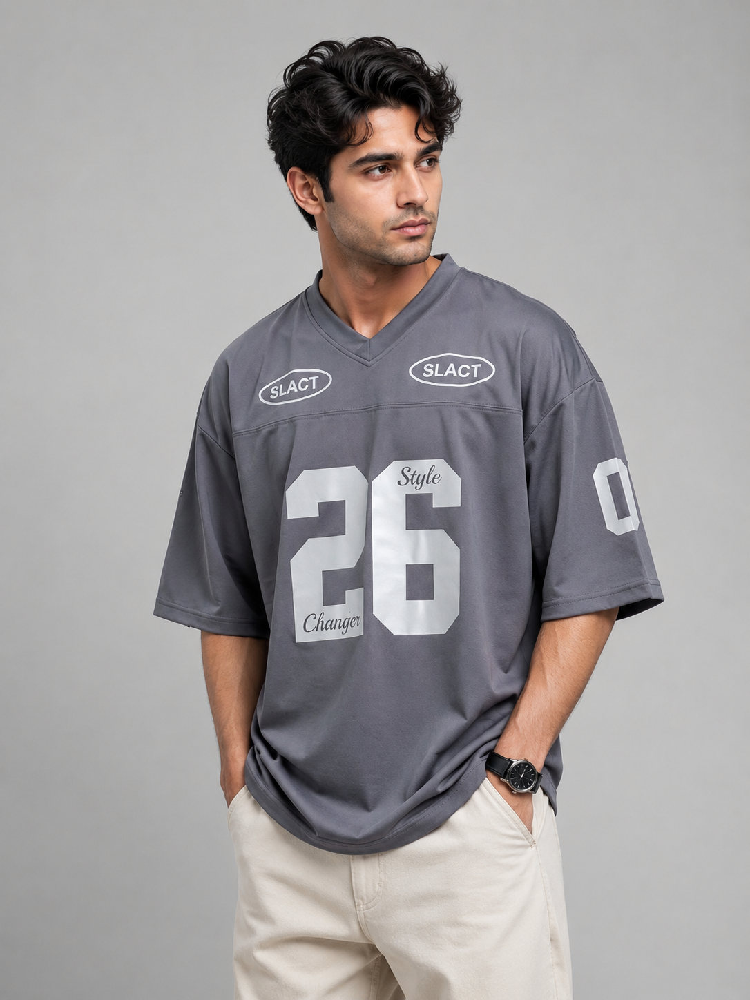 Men's Oversized V Neck 26 Printed Drop Shoulder T-Shirt | Premium Interlock Fabric | Style savvy Pakistan