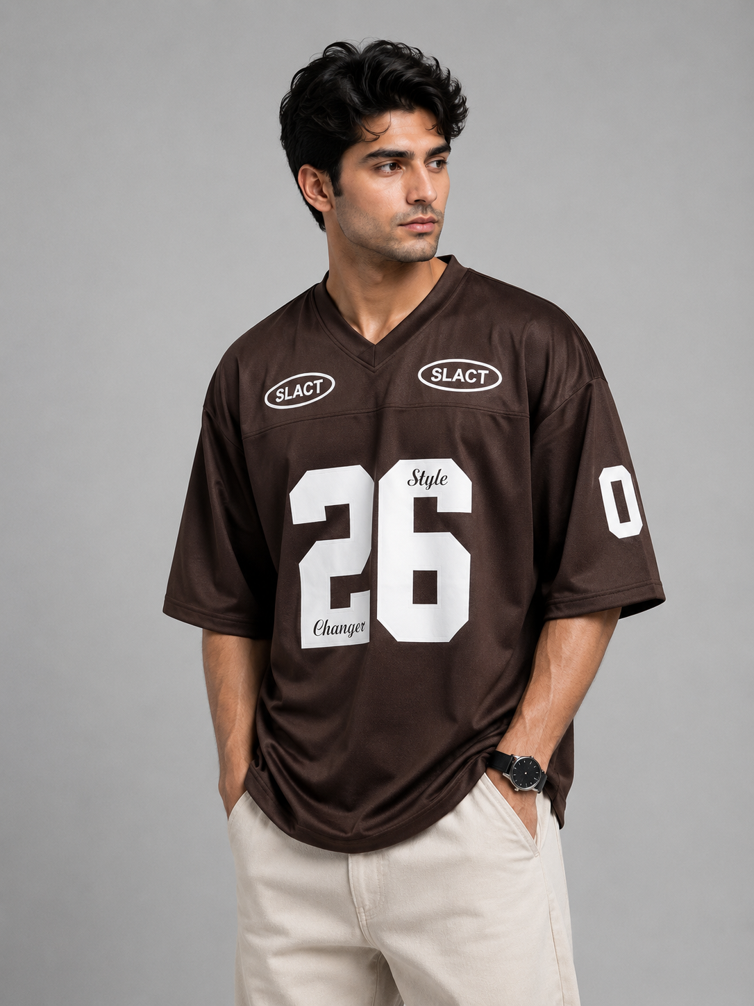 Men's Oversized V Neck 26 Printed Drop Shoulder T-Shirt | Premium Interlock Fabric | Style savvy Pakistan