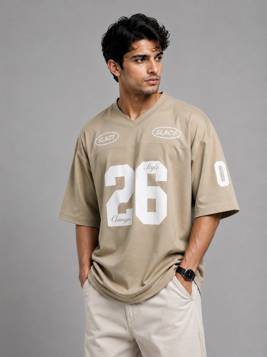 Men's Oversized V Neck 26 Printed Drop Shoulder T-Shirt | Premium Interlock Fabric | Style savvy Pakistan