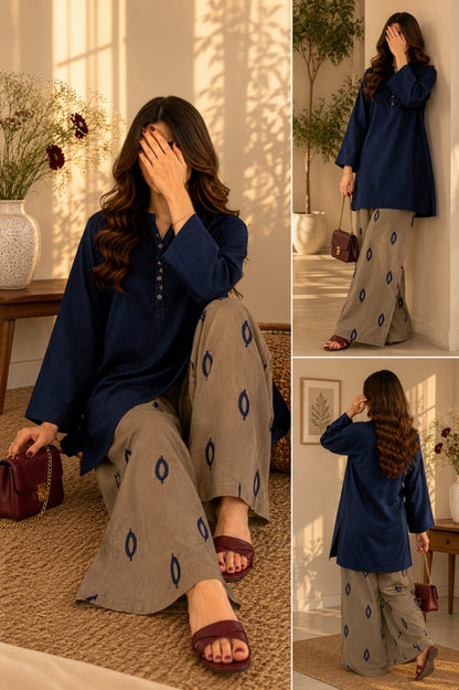 ‎Lawn Solid tailored work Shirt with Embroidered trouser