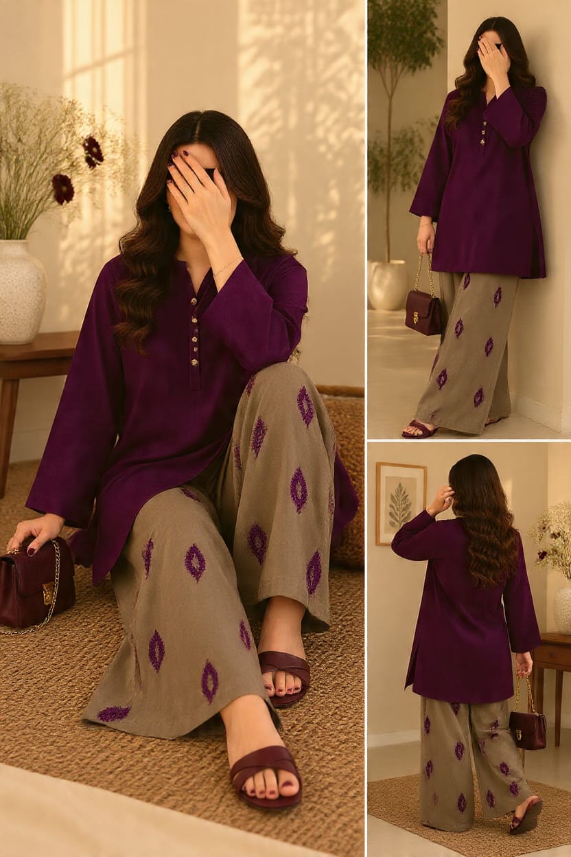 ‎Lawn Solid tailored work Shirt with Embroidered trouser