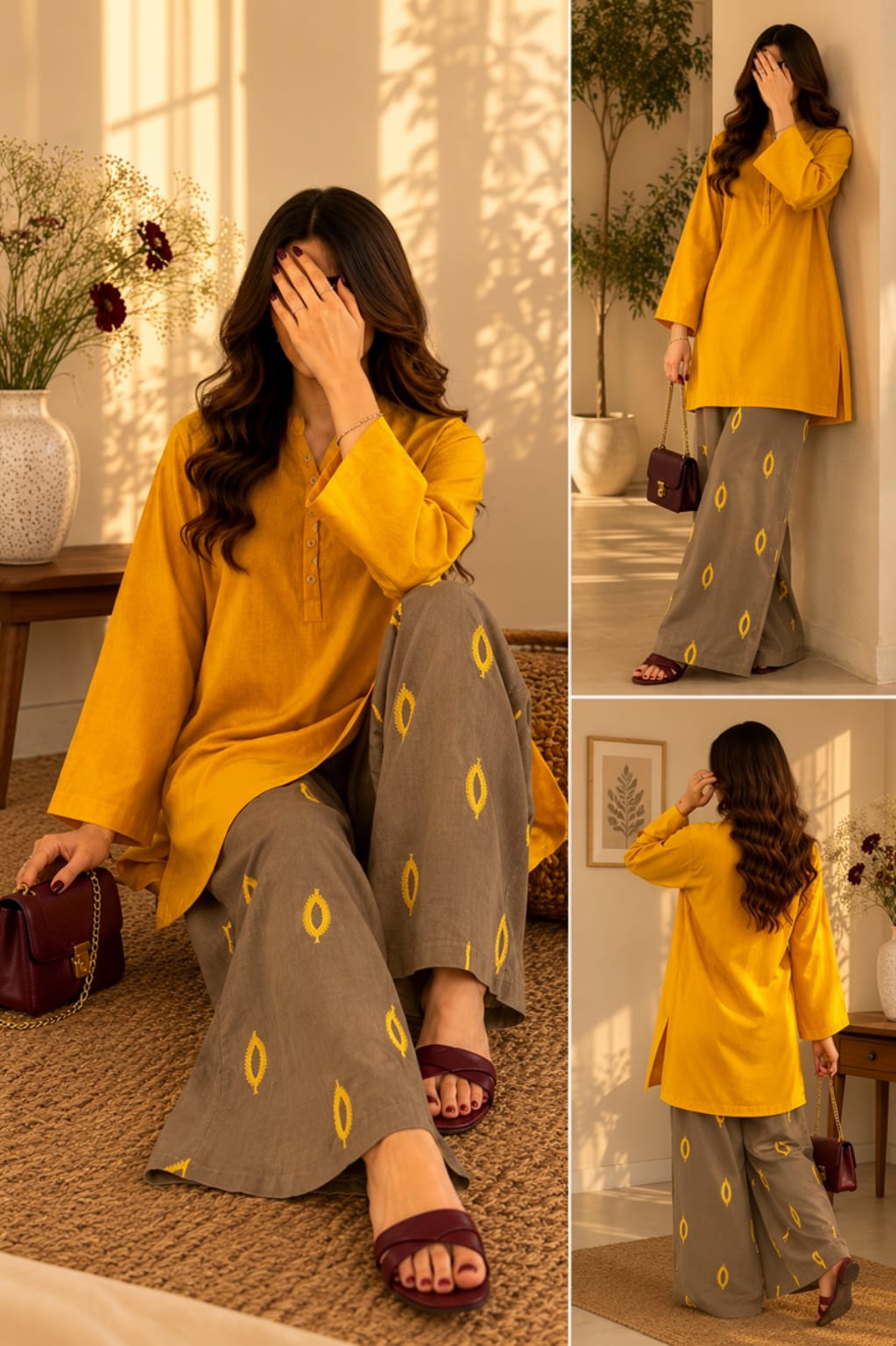 ‎Lawn Solid tailored work Shirt with Embroidered trouser
